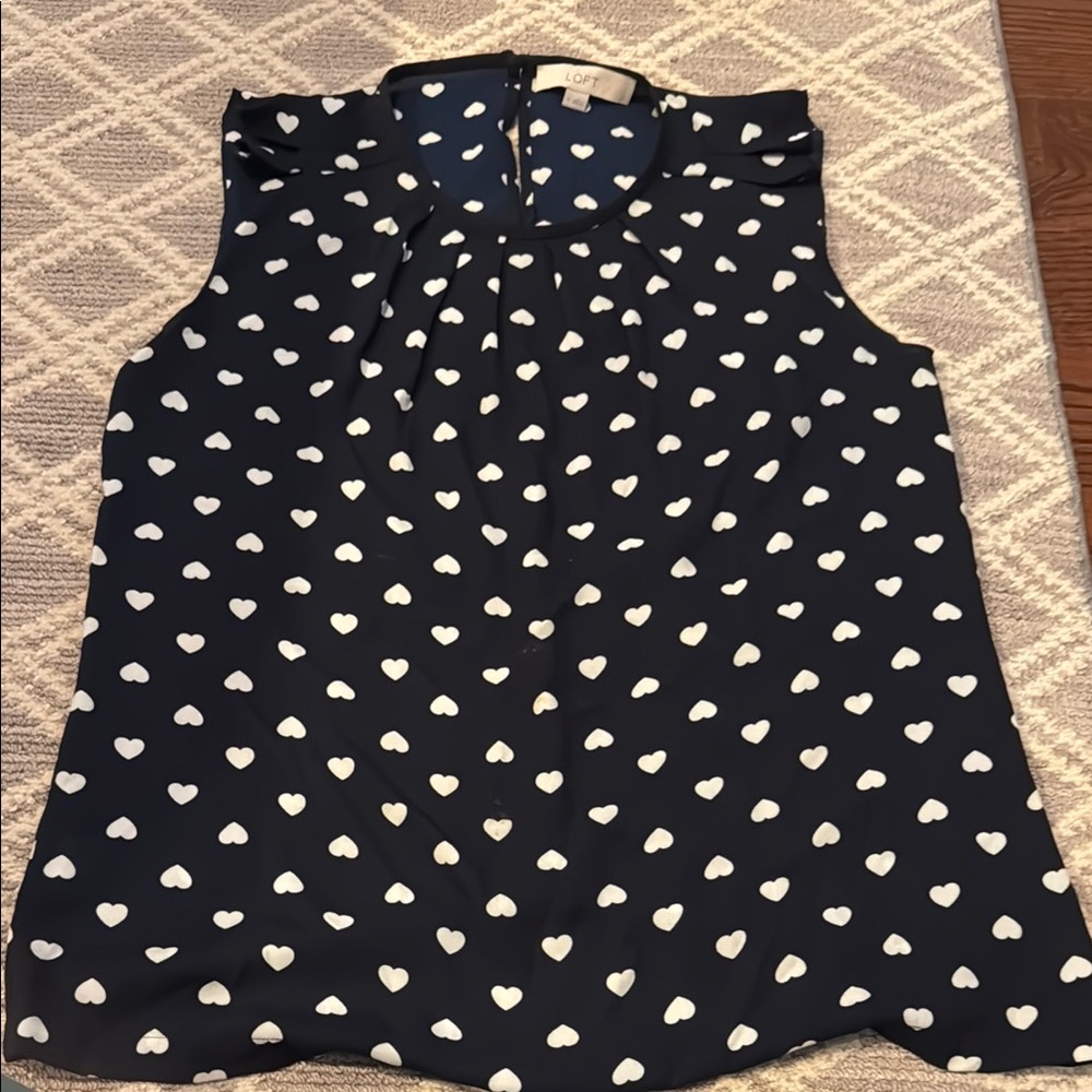 LOFT Navy Blouse with White Heart Pattern